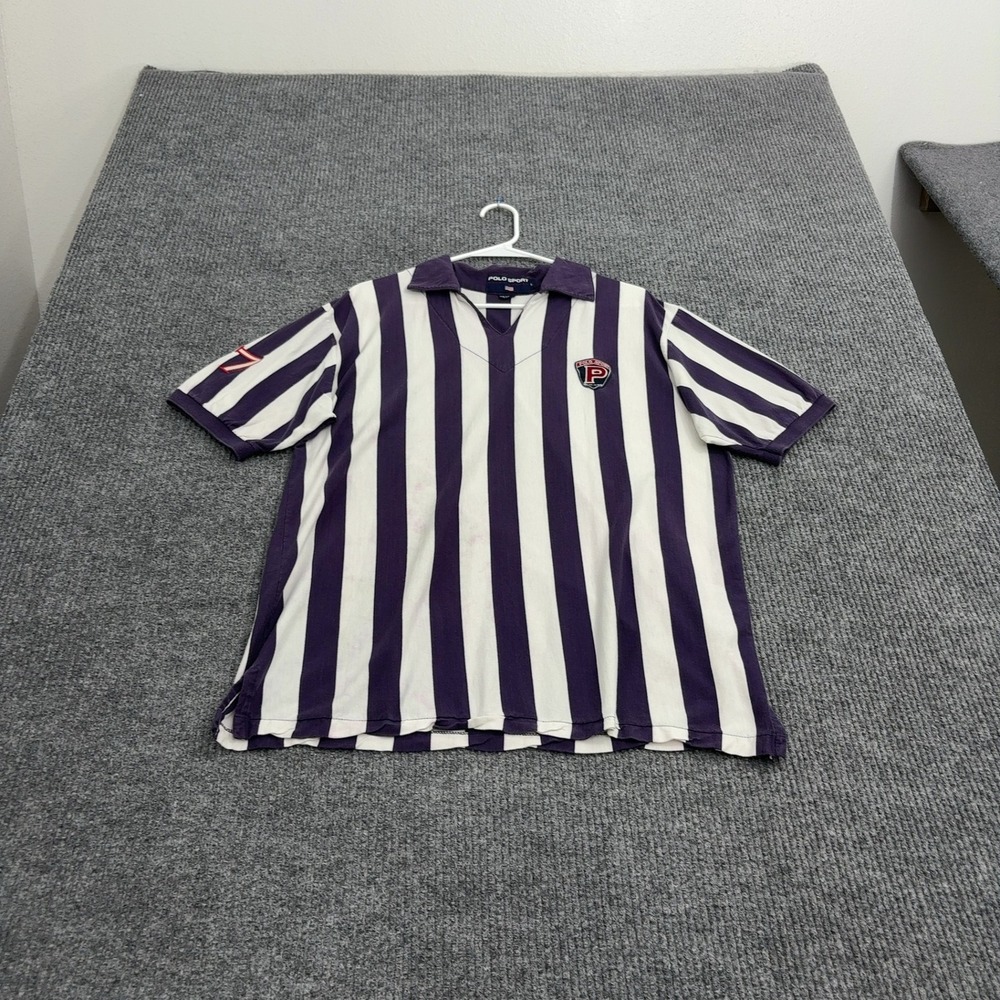 Vintage Polo Sport Shirt Mens L Purple Cotton Striped V-Neck Rugby Streetwear